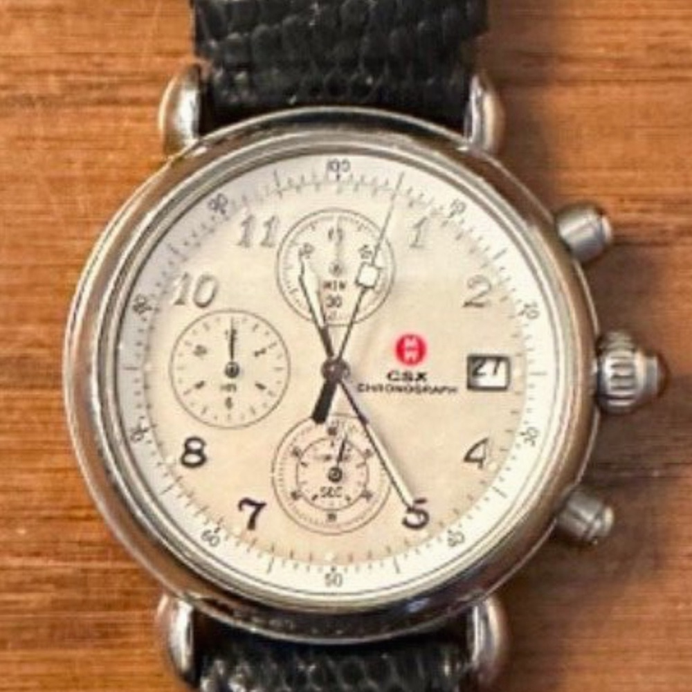 Unisex MICHELE CSX CHRONOGRAPH Watch 71-2000/3000 Black Silver Leather Band